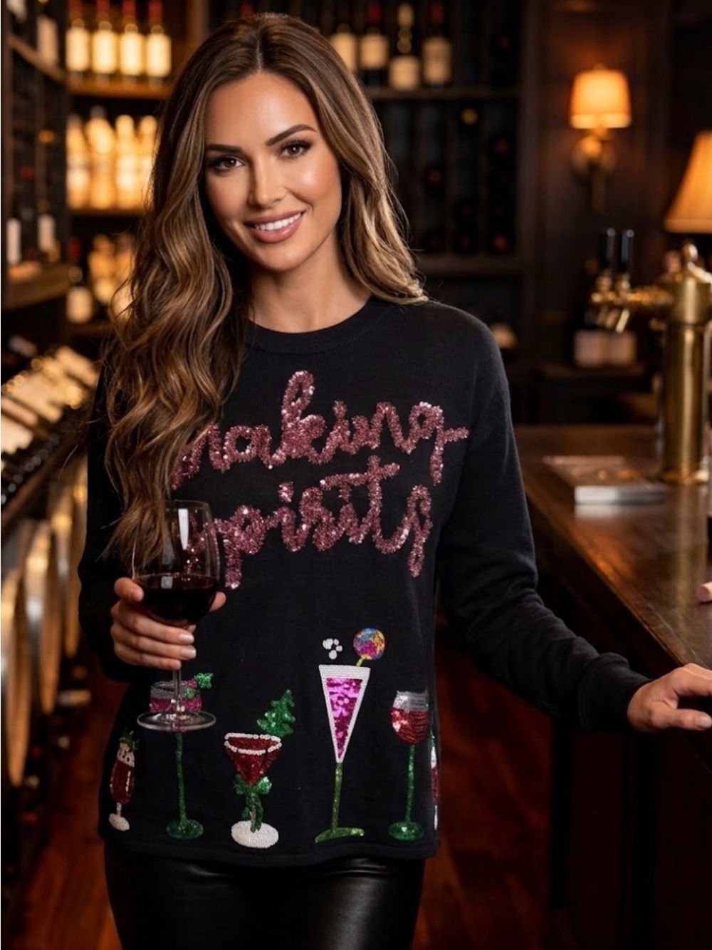 QUEEN OF SPARKLES Making Spirits Sparkle Black Holiday Sweater